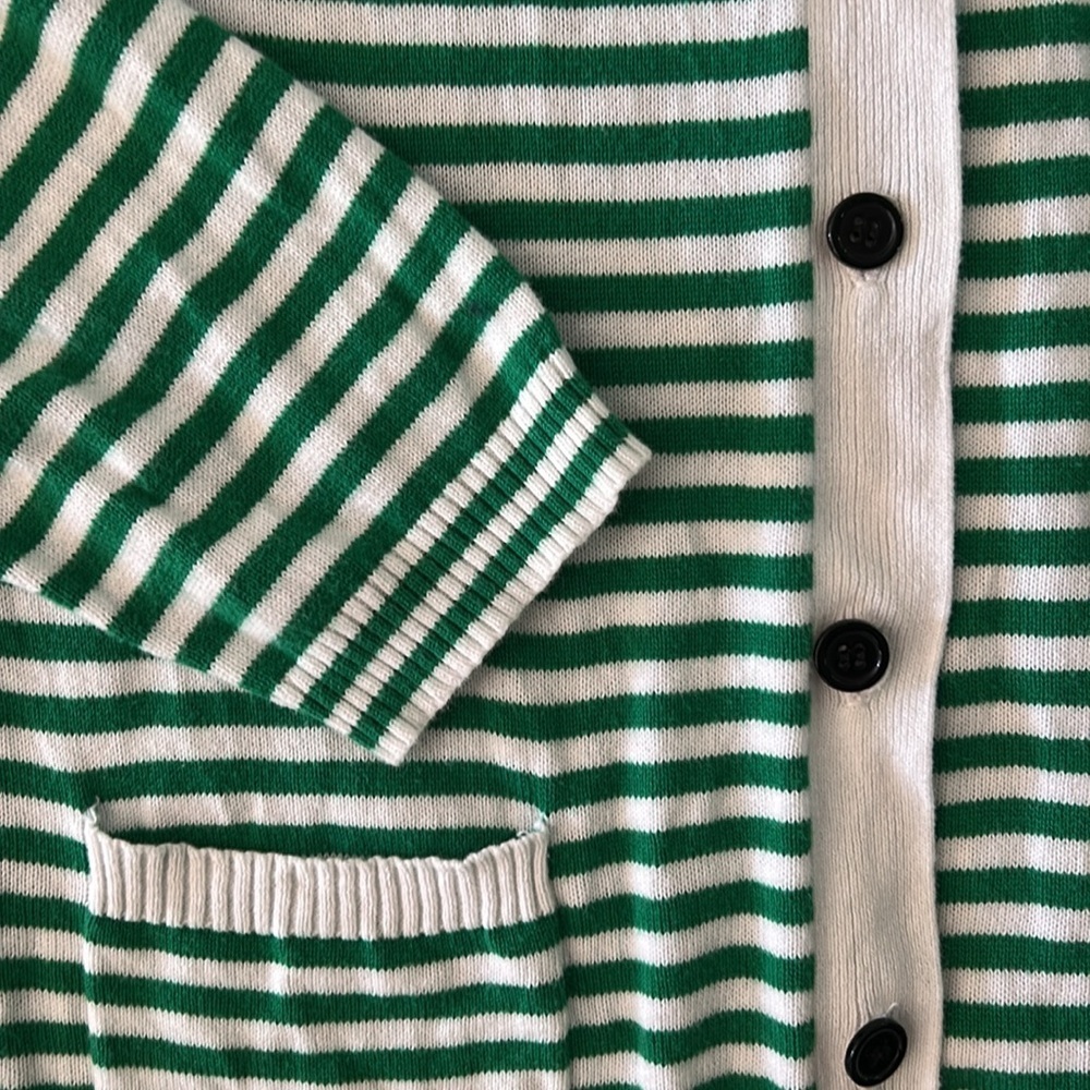 $5 Women’s Green and White Stripe Black Button Vneck Long Cardigan Sweater Small - Picture 3 of 5